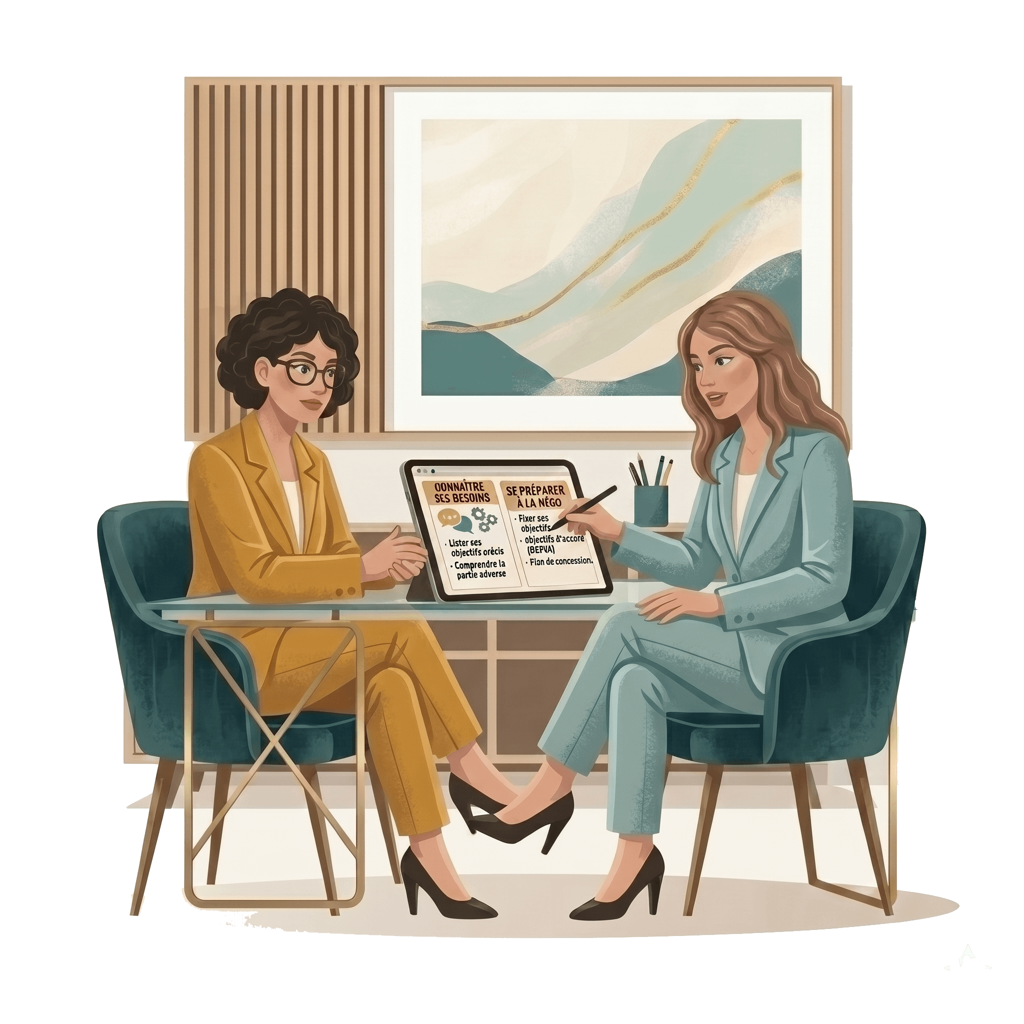Illustration - deux femmes en consultation professionnelle de diplomatie positive